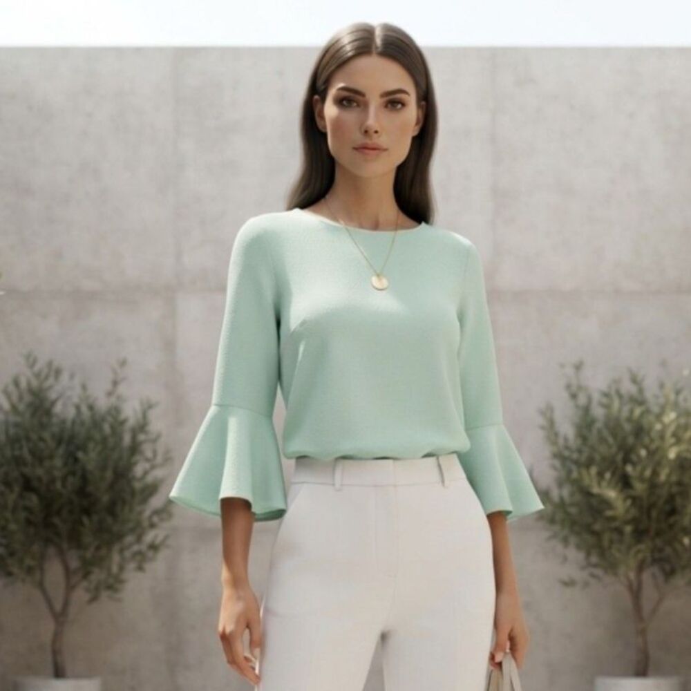 Green Envelope Mint Green Bell Sleeve Top Blouse Textured Back Zip USA L